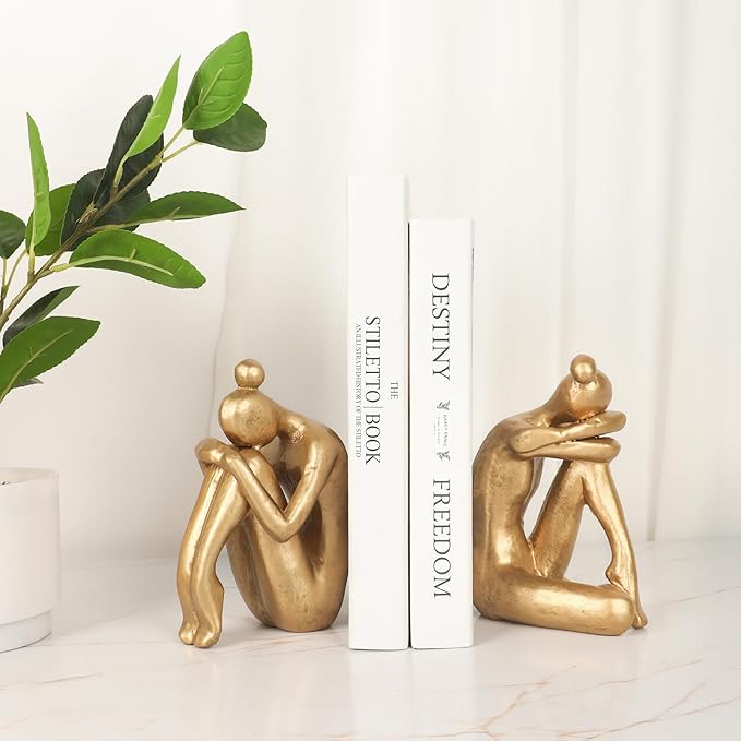 Unique Cast Iron Girl Thinker Bookends, Heavy-Duty Decorative Book Stoppers for Shelves, Creative Home and Office Desk Ornaments, 1 Pair/2 Pieces, 5.9"-Ruum Studio Home