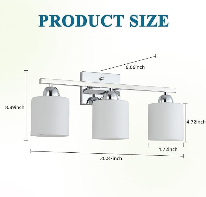 Stainless Steel Milk Glass Vanity Lights for Bathroom, 3 Light Chrome Bathroom Light Fixtures Over Mirror, Ceramic E26 Sockets Wall Mounted-Ruum Studio Home