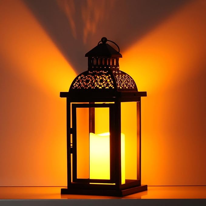 DECORKEY No Glass Lanterns Decorative Indoor & Outdoor, 15'' Candle Lantern Decorative Christmas Indoor Outdoor Decor, Vintage Metal Hanging Lanterns with LED Candle for Patio, Front Porch,Yard, Table-Ruum Studio Home