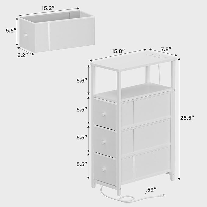 TUTOTAK Narrow Night Stand with Charging Station, Slim End Table with Plugins, Tall Side Table with 3 Fabric Drawer, Small Bedside Table with Storage, Living Room, Bedroom, White TB01BW086