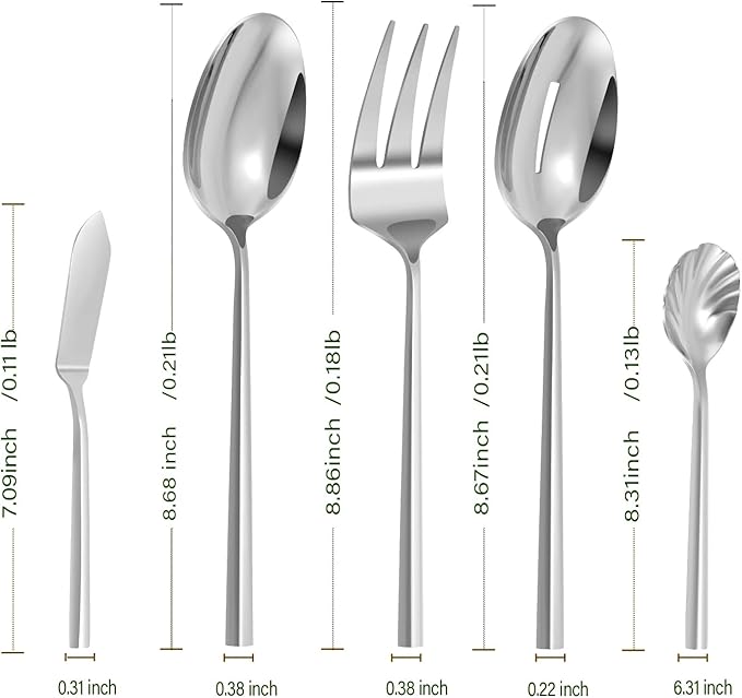 Silverware Serving Set 5-Piece Mirror Polished Stainless Steel Flatware Thick Handle Hexagon Cutlery Serving Utensils Set-Ruum Studio Home