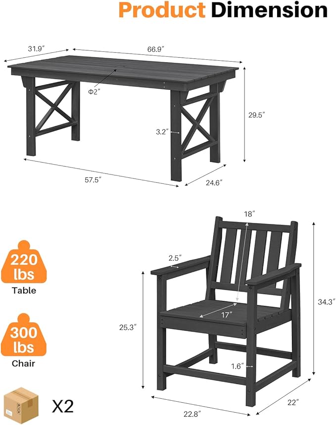 HDPE Patio Dining Set, 5-Piece Outdoor Table and Chairs with Umbrella Hole, Modern Outdoor Dining Set for 4, HDPE Outdoor Patio Furniture Dining Sets for Deck, Poolside, Porch, Obsidian-Ruum Studio Home