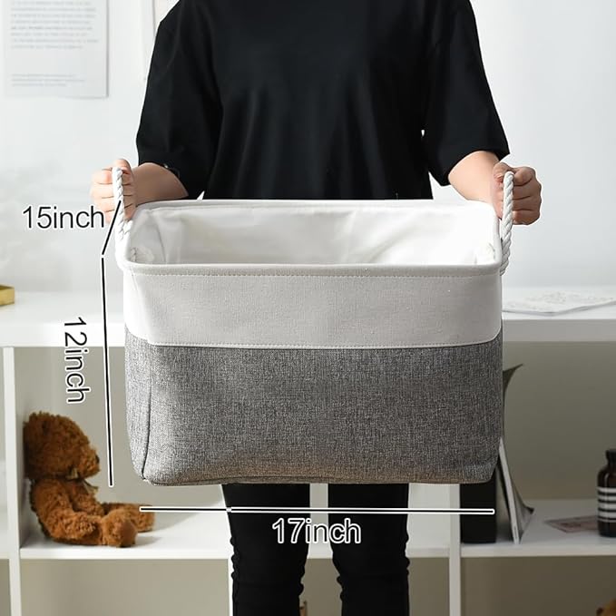 Storage Basket for Shelves - 17X15X12 inch 2 Pack Fabric Cube Storage Bin Collapsible Baskets for Organizing with Rope, Storage Box for Cloth Decorative (White & Grey)-Ruum Studio Home