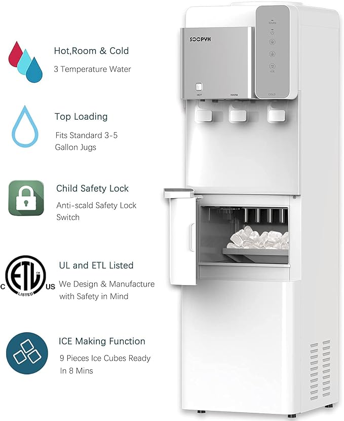 Hot and Cold Water Dispenser with Ice Maker for 5 Gallon Bottle Water Cooler Dispenser Built-in Ice Maker 27 lbs in 24 hrs with Child Safety Lock-Ruum Studio Home