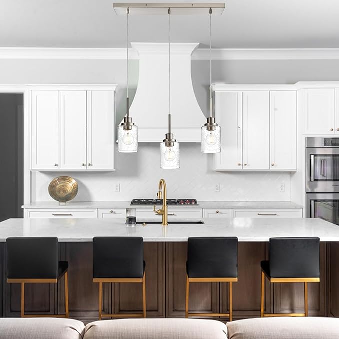 3-Light Farmhouse Chandelier Light Fixture Brushed Nickel Clear Seeded Glass Dining Room Hanging Modern Pendant Lighting Over Table,Traditional Ceiling Lights for Kitchen Island Entryway-Ruum Studio Home