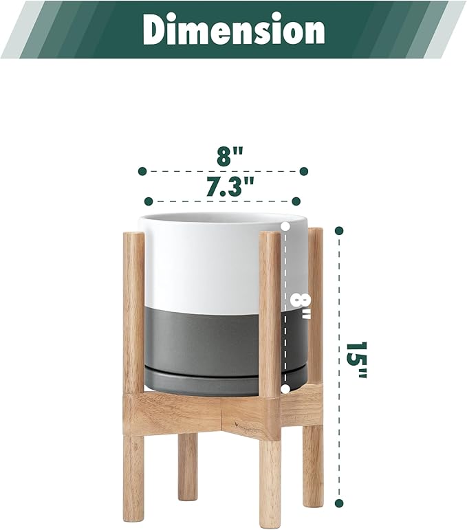 D'vine Dev Ceramic Planter with Natural Stand - 8 Inch Modern Round Flower Pot with Wood Planter Holder, White/Grey, 55-B-N-6-Ruum Studio Home