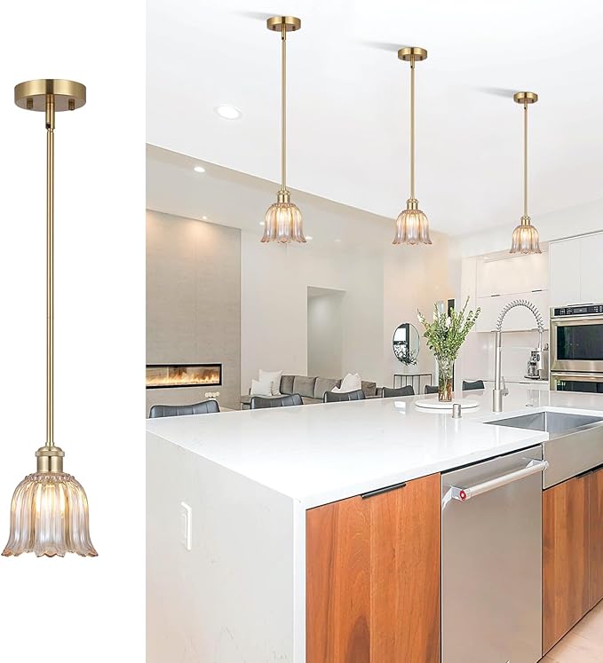 Modern Gold Pendant Light Brushed Brass Mid Century Chandelier Amber Glass Shades Adjustable Rods Farmhouse Ceiling Hanging Lighting Fixture Kitchen Island Dining Room Bedroom-Ruum Studio Home