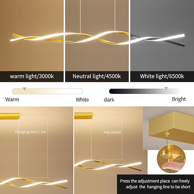 Modern Ceiling Pendant Light, with Remote Control Dimmable 3 Color Mode & Brightness Ceiling Lamp, Anti-Flicker Dining Light Fixture for Kitchen, Dining Room (Gold, 59IN)-Ruum Studio Home