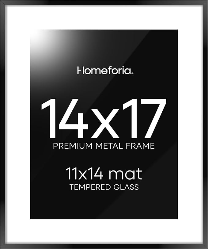 Homeforia 14x17 Picture Frame Black, High End Metal 14 x 17 Poster Frames with Mat 11 x 14 for Photo, 14x17 Black Frame Matted to 11x14 inch Print, 17x14 Thin Frame, Tempered Glass, Wall Kit, Set of 1-Ruum Studio Home