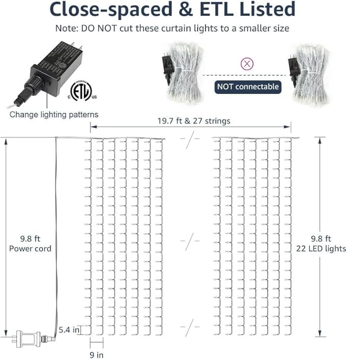 Lighting EVER 594 LED Curtain Lights, 20 x 10 ft Plug in Hanging Fairy String Lights, Wedding Party Backdrop Lights, Window Twinkle Lights for Wall, Patio, NOT Connectable (27 Strings, 9" Apart)-Ruum Studio Home