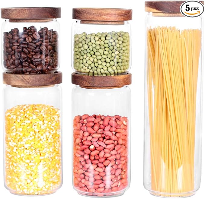 Glass Canisters Set of 5 for the kitchen, Glass Storage Container jars with Airtight Acacia Lid for Coffee Beans, Flour, Sugar, Rice and Spaghetti and etc-Ruum Studio Home