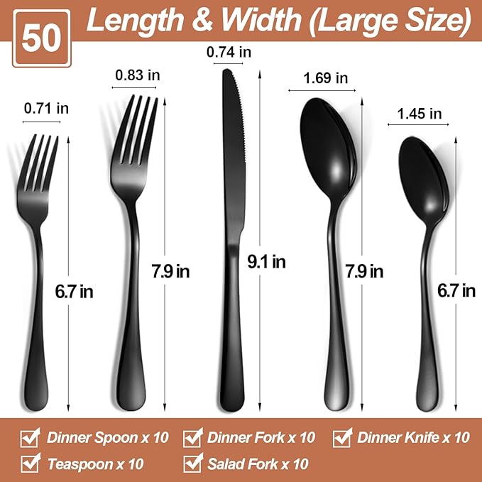 Lazycorner 50 Pcs Black Silverware Set for 10, Mirror Polished Flatware Set Stainless Steel Fork Knife Spoon, Food Grade Eating Utensils Sets, Reusable Silverwear Cutlery Set, Dishwasher Safe-Ruum Studio Home