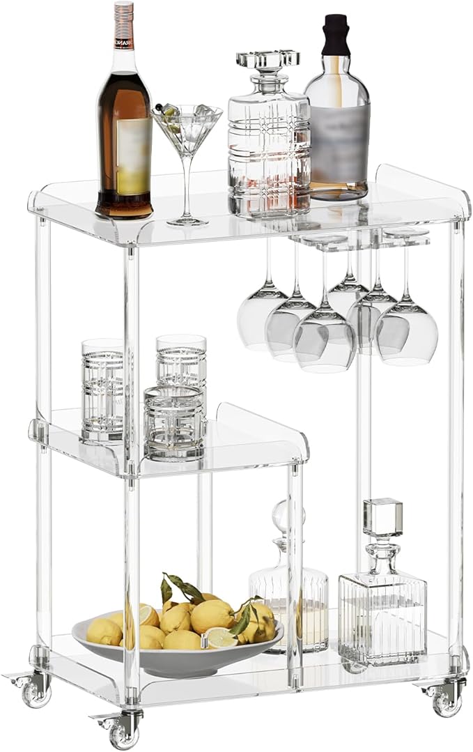 HMYHUM Acrylic Bar Cart with 4 Lockable Wheels, 3 Tier Clear Serving Cart with Glass Holder, Rolling Beverage Cart for Home, Kitchen, Dinning Room, 23.6''D x 15''W x 32.3''H-Ruum Studio Home