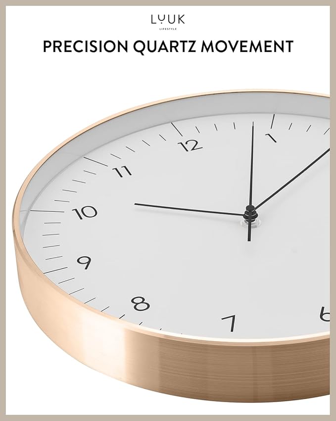 LUUK LIFESTYLE Silent Quartz Wall Clock, Nordic and Minimalist Design, Interior Decoration for Living Room, Kitchen, Bedroom, White and Gold-Ruum Studio Home
