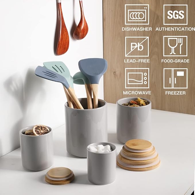 Sweejar Kitchen Canisters Ceramic Food Storage Jar Set, Stackable Containers with Airtight Seal Bamboo Lid for Serving Ground Coffee, Tea,Grains, Herbs,Sugar, Salt and More - Pack of 4（Gray）-Ruum Studio Home