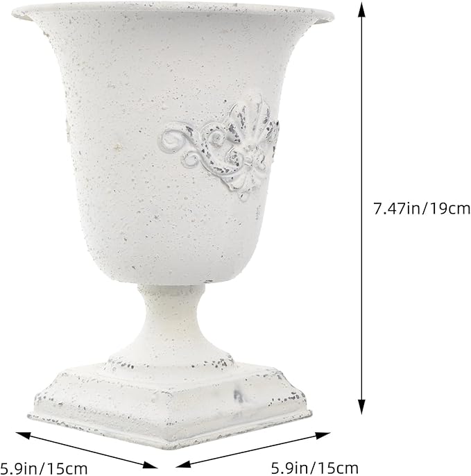 POPETPOP Tall Urn Vase Retro White Metal Urn Planter Pedestal Flower Pot Rustic Farmhouse Flower Holder for French Country Style Home Table Centerpiece Decor，5.9x5.9x7.47 inches-Ruum Studio Home