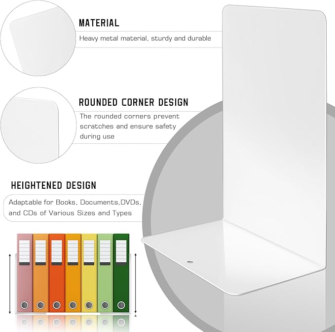 VONDERSO Metal Bookends White, 2 Pairs Metal Bookends Heavy Duty for Shelves Decor Home Office, Unique White Book Ends Supports Anti-Slip for Kids Girls-Ruum Studio Home