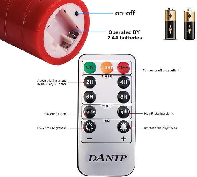 danip red LED flameless Candle with Embedded Star String, 3-Piece Set of LED Candles, with 11 Button Remote Control, 24-Hour Timer Function, Dancing Flames, Real Wax, Battery Powered. (Red)-Ruum Studio Home