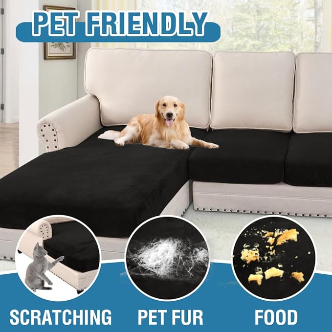 H.VERSAILTEX Velvet Stretch Sectional Couch Covers 3 Pieces Sofa Seat Cushion Covers L Shape Separate Cushion Couch Chaise Cover for Both Left/Right Couch (Large Sofa 2 Seater + 1 Chaise, Black)-Ruum Studio Home