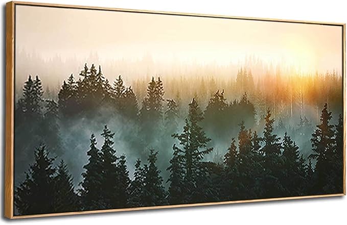 Living Room Wall Art Sunrise Misty Forest 24"x48" Modern Home Wall Decor Plants Wall Decorations Framed Artwork for Bedroom Dining Room Office Hotel-Ruum Studio Home