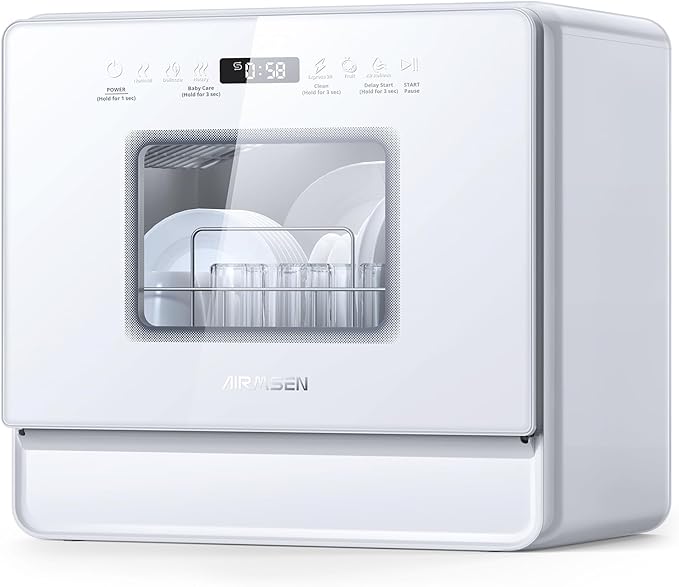 AIRMSEN Countertop Dishwasher Complete 2-Level Rack, Portable Dishwashers with 5L Built-in Water Tank, 3-Spray Arms & 12H Delay Start, No Hookup Needed, A01, White-Ruum Studio Home