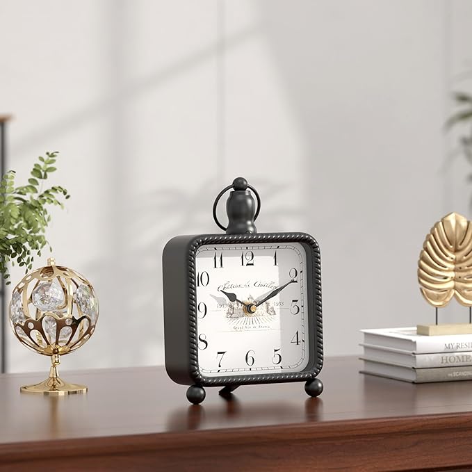 Vintage Black Table Clock on Stand, Desk and Shelf Decor Clock, French Rustic Style Non-Ticking Mantel Clocks for Farmhouse, Living Room, Bedroom, Bedside, Gift (8.5" H x 5.5" W)-Ruum Studio Home