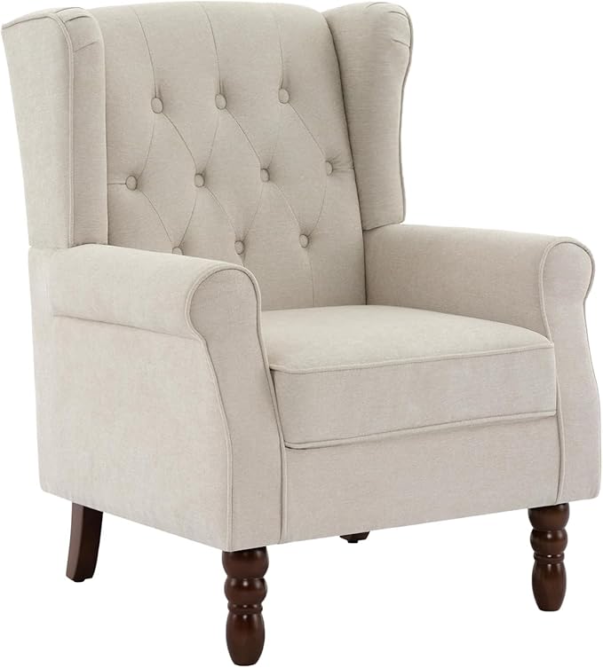 UIXE High Back Accent Chair, Upholstered Armchair in Fabric for Living Room, Retro Wingback Arm Chair Comfy Single Sofa Bedroom Reading Seat with Solid Wood Legs - Beige-Ruum Studio Home