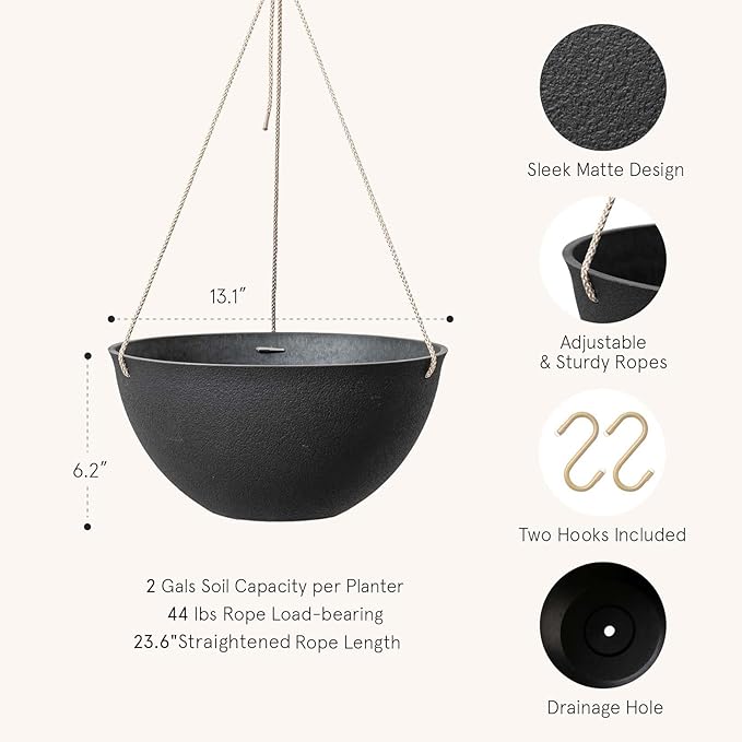 LA JOLIE MUSE Hanging Planters for Outdoor Plants, Large Hanging Planter with Drain Holes, Black Hanging Flower Pots (13.2 Inch, Set of 2)-Ruum Studio Home