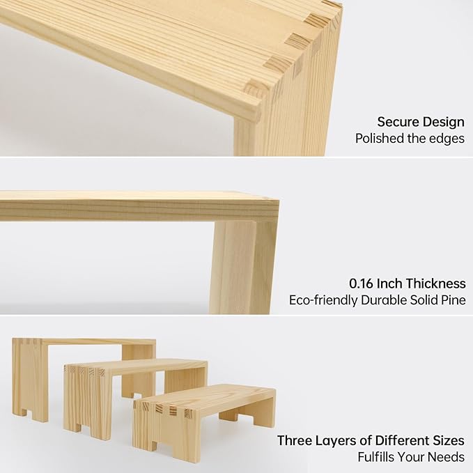 Display Wood Risers Wooden Stand 3 Tier Wood Racks Decorative Rectangular, 2 Set 6 Piece Cupcake Stands Cologne Perfume Organizer Dessert Showcase(Nature)-Ruum Studio Home