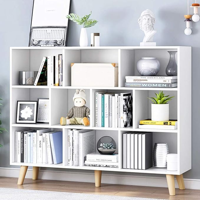 IOTXY Wooden Open Shelf Bookcase - 3-Tier Floor Standing Display Cabinet Rack with Legs, 10 Cubes Bookshelf, Warm White-Ruum Studio Home