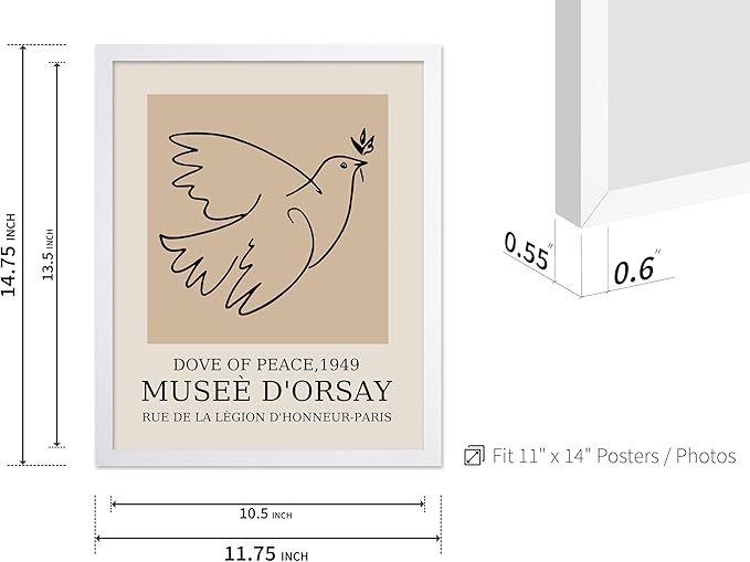 Poster Master Vintage Poster - Retro Minimalist Print - Gift for Artist, Friend - Dove Of Peace, Line Drawing, Sketch, Abstract - Wall Decor for Living Room, Bedroom, 11x14 White Framed-Ruum Studio Home