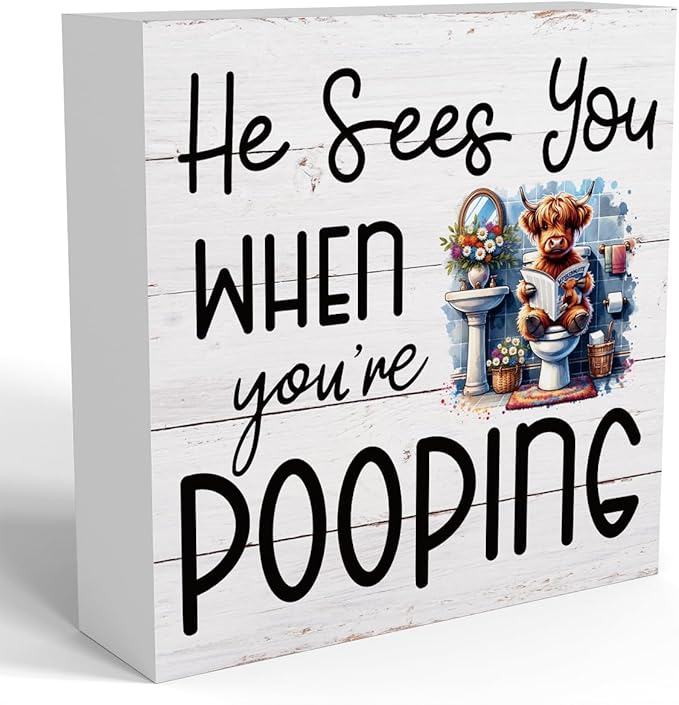 Funny Highland Cow Decor Memorial Day Fourth of July Independence Day Decorations Red White and Blue Decor, Rustic Farmhouse Home Office Wooden Box Sign for Bathroom - He Sees You When You're Pooping-Ruum Studio Home