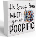 Funny Highland Cow Decor Memorial Day Fourth of July Independence Day Decorations Red White and Blue Decor, Rustic Farmhouse Home Office Wooden Box Sign for Bathroom - He Sees You When You're Pooping-Ruum Studio Home