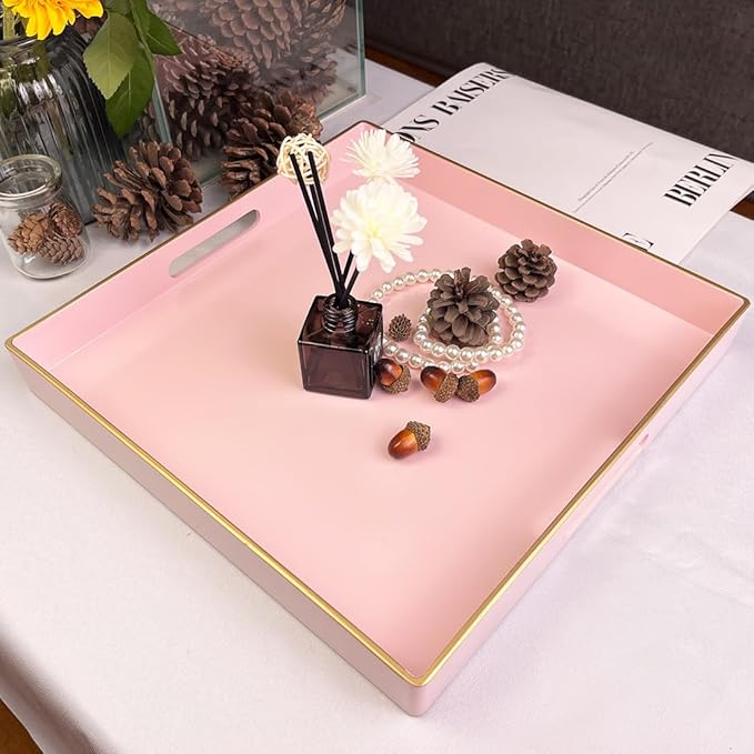 Pink Decorative Tray, Square Serving Tray with Handles, Plastic Coffee Table Tray for Ottoman, Living Room, Kitchen Tabletop, 13"x13"x1.6"-Ruum Studio Home