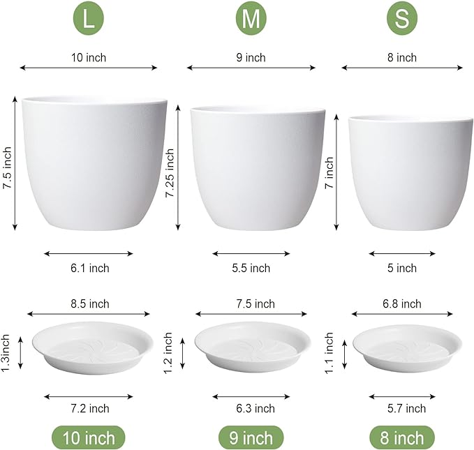 10/9/8 inch Medium Flower Pots, 3 Pack Modern Decorative Plastic Planters with Drainage Holes and Tray, Plant Pots for Indoor Outdoor Plants, White-Ruum Studio Home