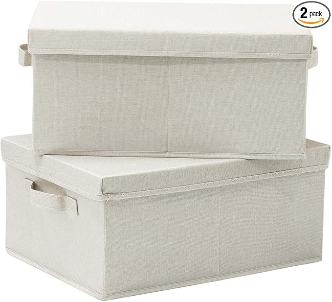 HOONEX Foldable Storage Bins with Lids, 2 Pack, Storage Boxes with Carrying Handles and Sturdy Heavy Cardboard, 16.5" L x 11.8" W x 7.5" H for Shoes, Books, Clothes, Linens, Beige-Ruum Studio Home