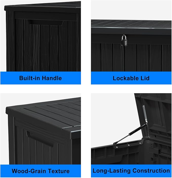 Vixzen 150 Gallon Resin Deck Box, Lockable Outdoor Storage Box for Patio Cushions Storage Furniture,Garden Tools, Pool Supplies, Weatherproof and UV Resistant- Black-Ruum Studio Home