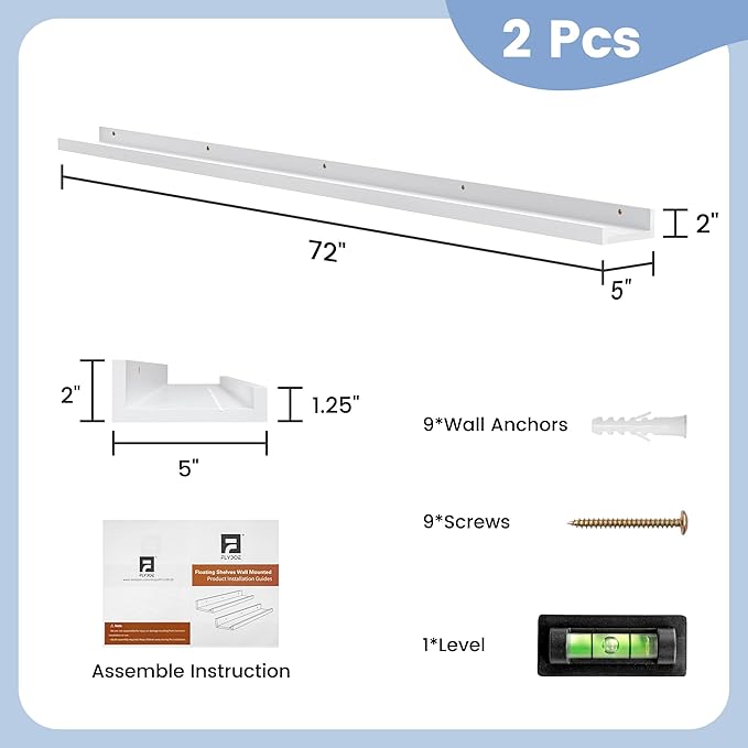 Picture Ledge Shelf, Floating Shelves Set of 2, Solid Pine Wood 72'' Long Large Nursery Book Shelves for Toys Storage, Kids Bookshelf for Living Room Bedroom Decor Books Photo Frames, White-Ruum Studio Home