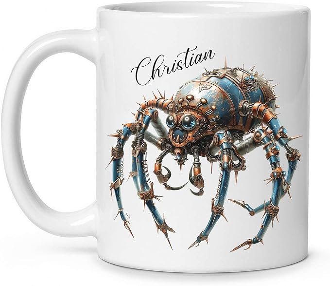 Personalized Steampunk Insect Mug, Customizable Name Mechanical Character Coffee Cup 11oz, Unique Cyberpunk Design Ceramic Mug, Customized White Cup Gift For Sci-Fi Enthusiasts-Ruum Studio Home