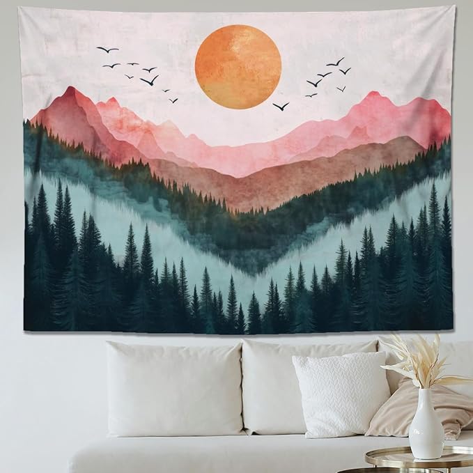keowhsf Sunset Mountain Forest Tapestry - Large Nature Landscape Wall Hanging, Aesthetic Pine Tree Scenery Wall Art for Bedroom & Living Room Decor-Ruum Studio Home