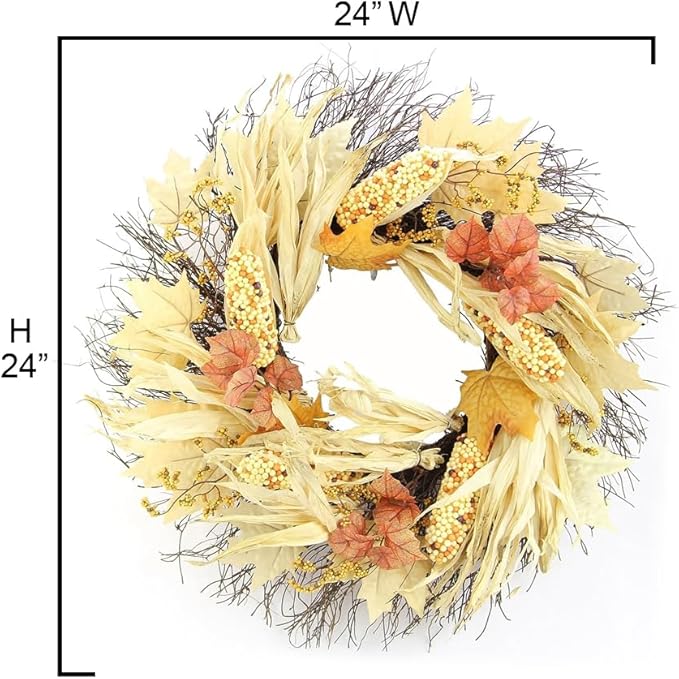 Admired By Nature Autumn Corn Husk Wreath - 26" Natural Fall Color Artificial Wreath - For Home Decor, Offices, Weddings, Events, Parties, Thanksgiving-Ruum Studio Home