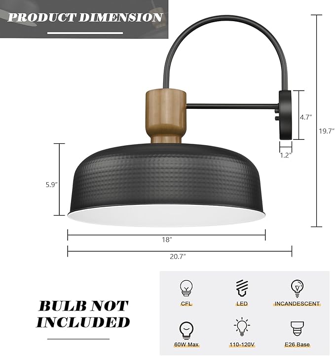 Outdoor Barn Light Gooseneck Barn Light, Farmhouse Exterior Wall Mount Light Vintage Wall Lighting Fixture Industrial Sconce Lantern for Porch, Entryway, Garage, Black, 2 Pack, Large-Ruum Studio Home
