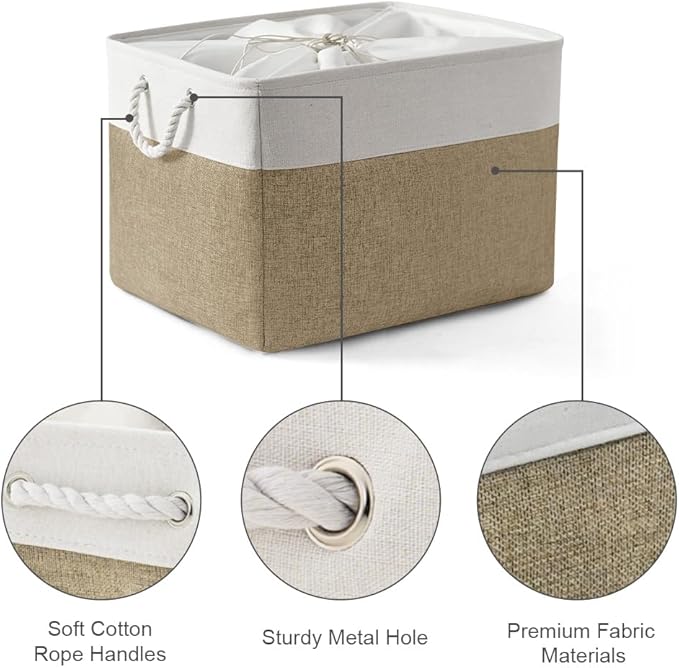TheWarmHome Organization Basket - 20x16x14 inch Jumbo 3 Pack Collapsible Storage Bins for Shelves, Fabric Storage Cubes for Closet Organizer Gift Toy (White & Khaki)-Ruum Studio Home