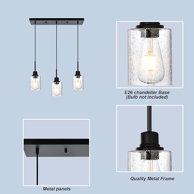 Modern 3-Light Pendant Island Light Fixture Black Ceiling Hanging Lights with Clear Seeded Glass and Adjustable Cord,Industrial Pendant Lighting for Kitchen Living Room Dining Room Foyer-Ruum Studio Home