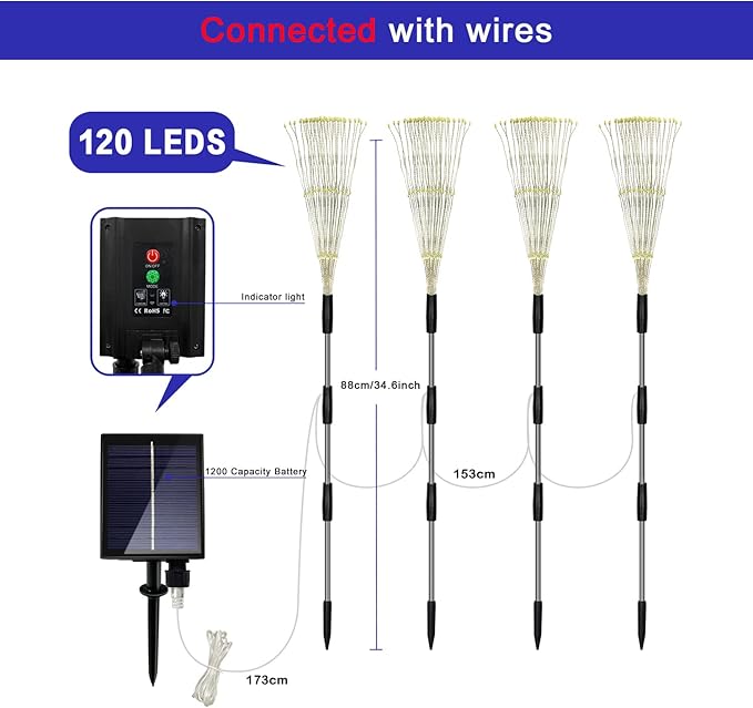 Outdoor Solar Garden Lights, 4 Pack 120 LED Copper Wire Waterproof Garden Fireworks Lamp with Remote, 8 Modes Decorative Sparkles Stake Landscape Light for Pathway Lawn Decor (Colorful)-Ruum Studio Home