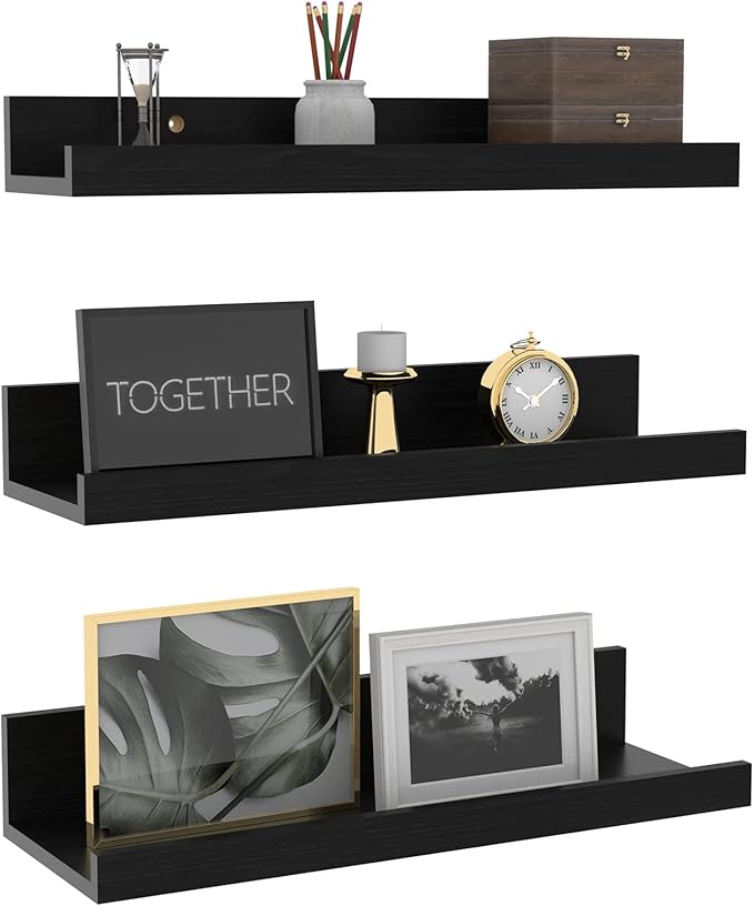 Giftgarden 16 Inch Black Floating Shelves for Wall Mount, Woodgrain Wall Shelf Ledge for Bathroom Bedroom Kitchen Living Room Office Storage, Set of 3 Different Sizes-Ruum Studio Home