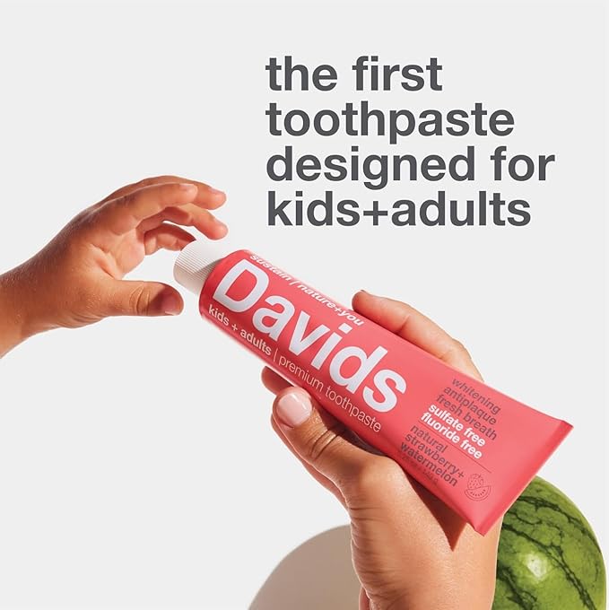 Davids Fluoride Free Kids & Adults Toothpaste, Teeth Whitening, Antiplaque, SLS (Sulfate) Free, Promotes Enamel Health, Mouth & Gum Detox, Natural Strawberry Watermelon, 5.25oz-Ruum Studio Home