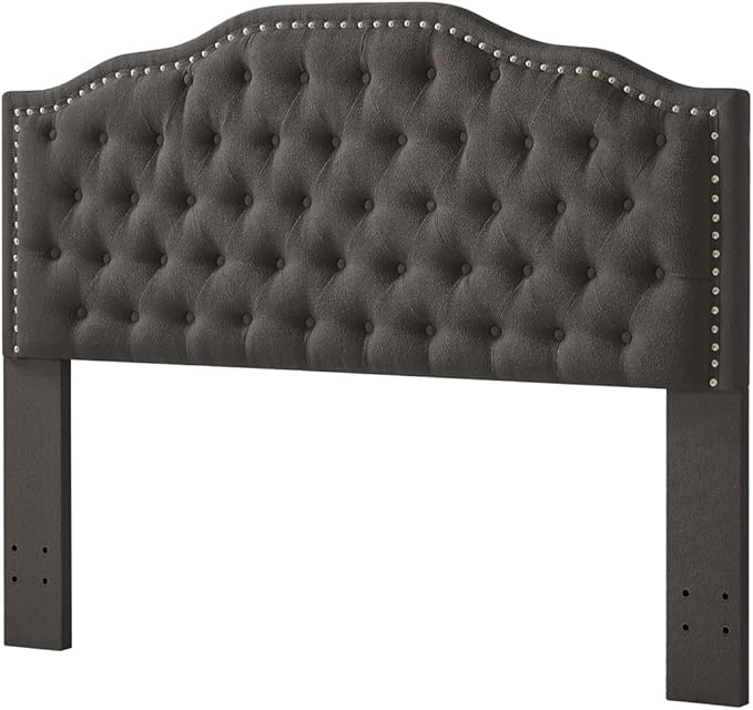 24KF Upholstered Button Tufted Queen Headboard with Nailhead Trim, Elegant Boucle Fabric Full headboard, 6031-Q-Boucle-Dark Gray-Ruum Studio Home