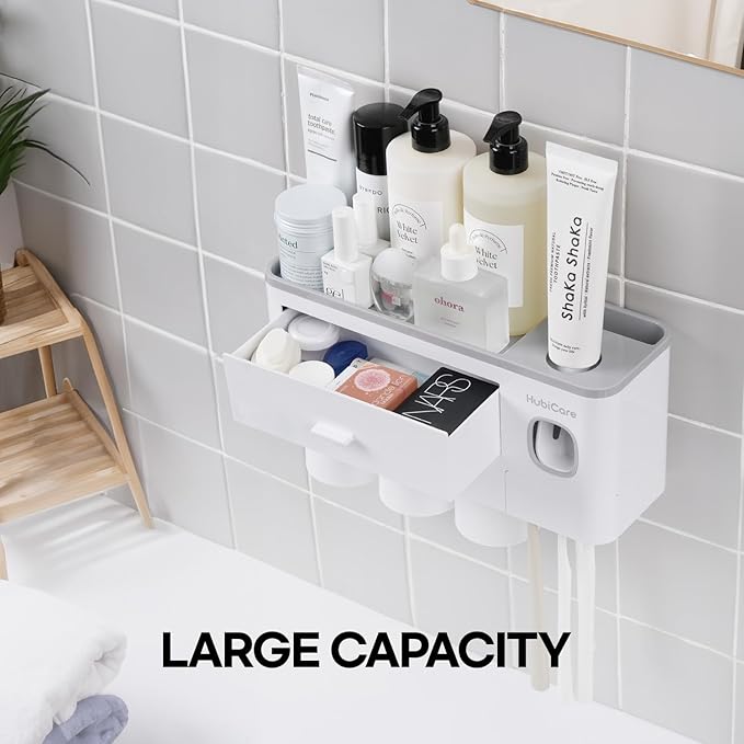 HubiCare Toothbrush Holder with Toothpaste Dispenser Wall Mounted for Bathroom, Automatic Toothpaste Squeezer, Bathroom Organization and Storage, 5 Toothbrush Slots (3 Cups)-Ruum Studio Home