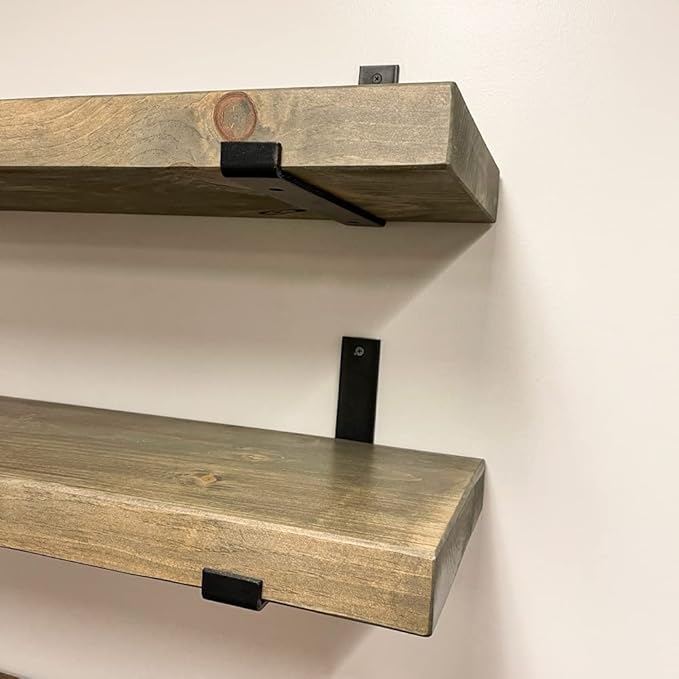 Rustic Shelves with J-Brackets Set of 2, Industrial Shelf, Kitchen Shelves, Solid Wood, Decorative Wall Storage, Heavy Duty, URBANDI (Grey, 12Wx12D)-Ruum Studio Home